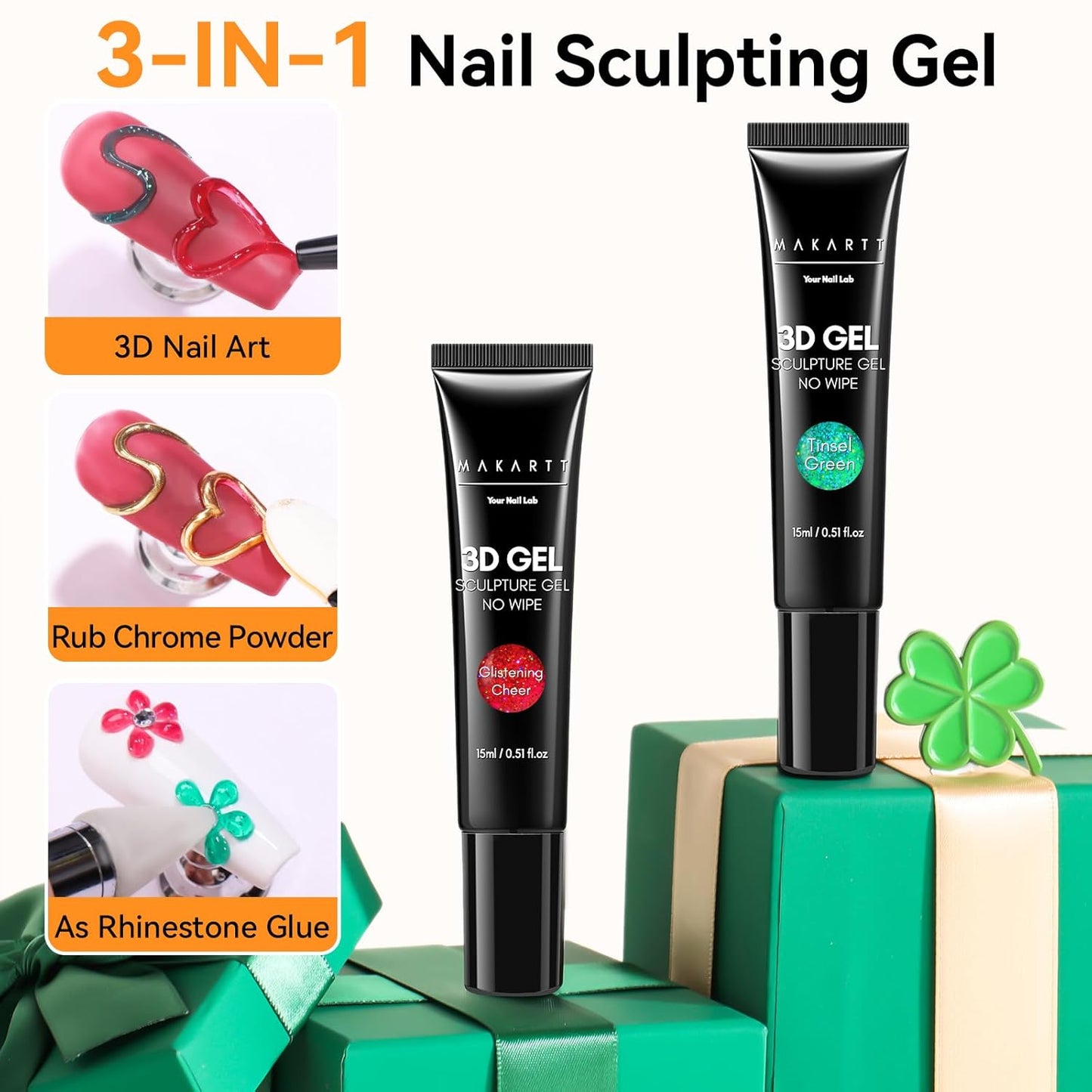 Makartt 3D Sculpting Gel for Nail Art Kit: 3D Nail Gel for Nail Art, 15ml No Wipe Polish for Molding Drawing, Embossed Gels for Nail DIY Manicure - Glistening Cheer & Tinsel Green (2PCS)