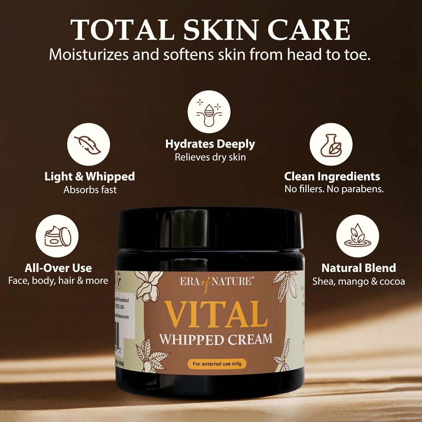 era of nature Shea Butter, Mango & Cocoa Blend Vital Whipped Body Cream for Women 16oz - Lightweight Whipped Lotion - Non-Greasy Body Butter Cream Lotion & Balm Moisturizer for Face, Hair & Dry Skin