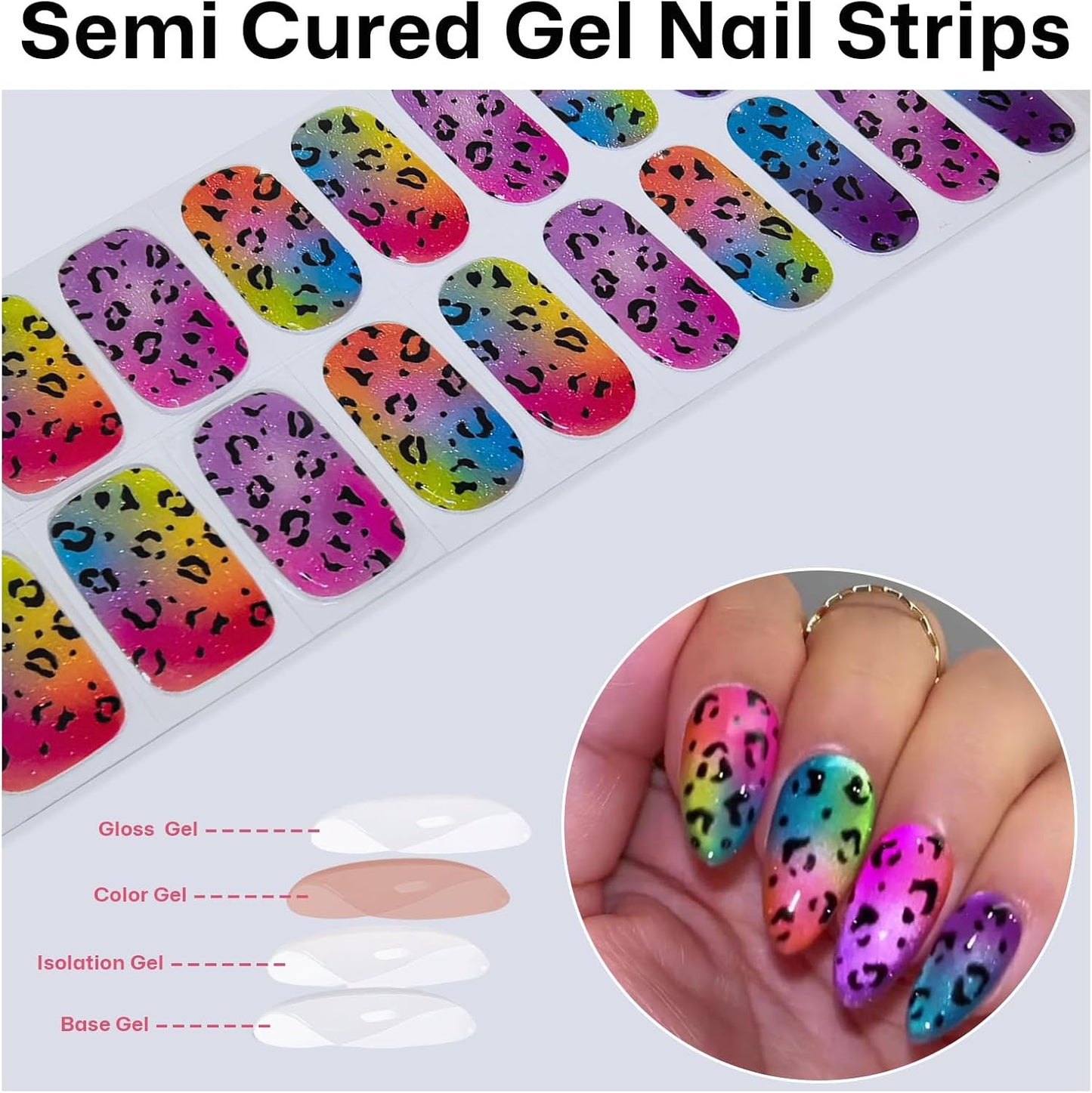 Semi Cured Gel Nail Strips with Gradient Leopard Gel nail stickers Colorful Glitter Nail strips Salon Quality & Easy to Use 20 Pcs for Women