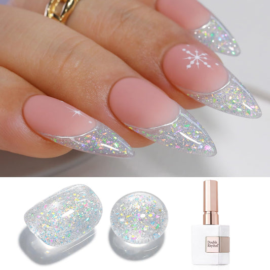 Double Rhythm Glitter Gel Polish 0.5 Oz Clear Shimmer Reflective Color 15ML Gel Polish Salon DIY at Home (Rainbow Silver-B1135) | alldaygood beauty