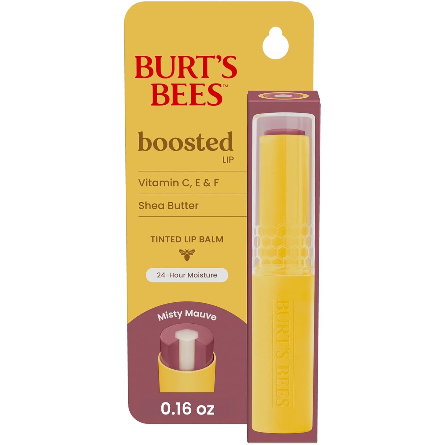 Burt’s Bees Tinted Boosted Balm, Misty Mauve, Hydrating Tinted Lip Balm with Vitamin C, E, and F Core, 24 Hour Lip Moisturizer with Responsibly Sourced Beeswax, 100% Natural Origin, 1 Count, 0.16oz