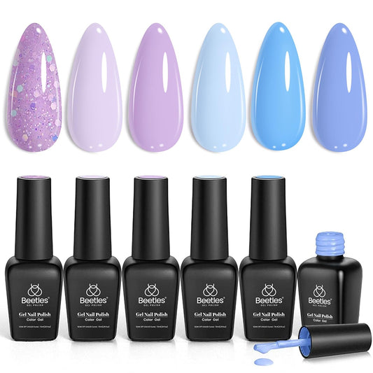 Beetles Gel Nail Polish Set - 6 Colors Purple Baby Blue Light Color Gel Nail Kit Lavender Violets Collection Soak Off UV LED Gel Manicure DIY Periwinkle Nail Polish Salon Gift for Women Girls | alldaygood beauty