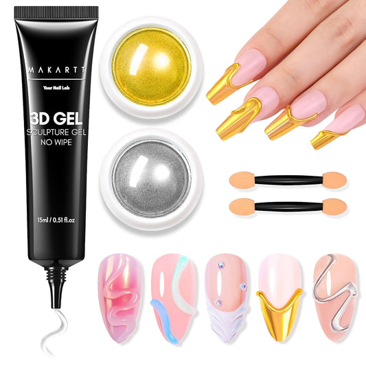 Makartt 3D Gel Nail Art & Chrome Nail Powder Kit: 15g Sculpting Gel for Nail Art DIY No wipe 3D Molding and Metallic Chrome Powder Set for Decoration Manicure Pedicure Use | alldaygood beauty