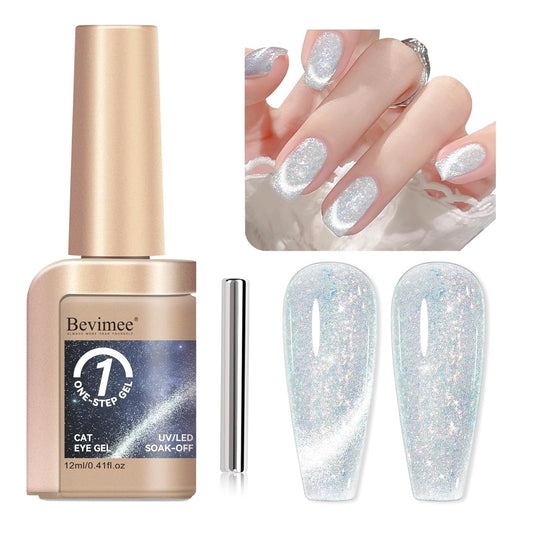 Cat Eye Gel Nail Polish 12ML, 3 In 1 Step Holographic Cateye Gel Polish With Magnet, Silver Glitter Magnetic Crystal Ice Shimmer Soak Off UV/LED Nail Art Design