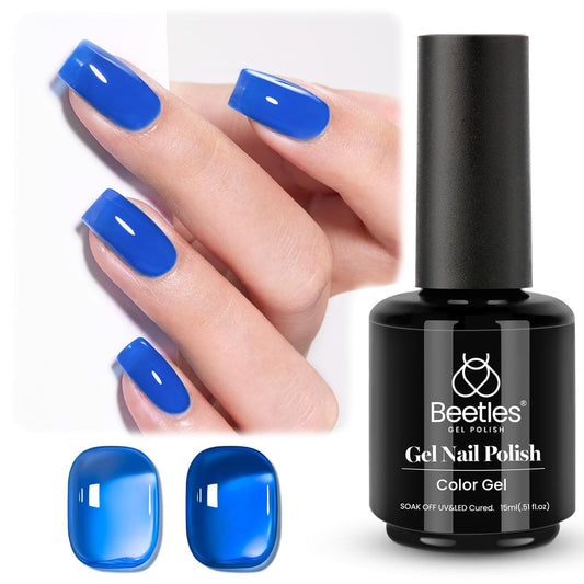 Beetles Blue Gel Nail Polish, 15ML Deep Blue Jelly Gel Polish Sheer Translucent Effect Neutral Nail Polish Soak Off UV Abyssal Secrets Series French Nail Art Manicure Salon Gift for Women | alldaygood beauty