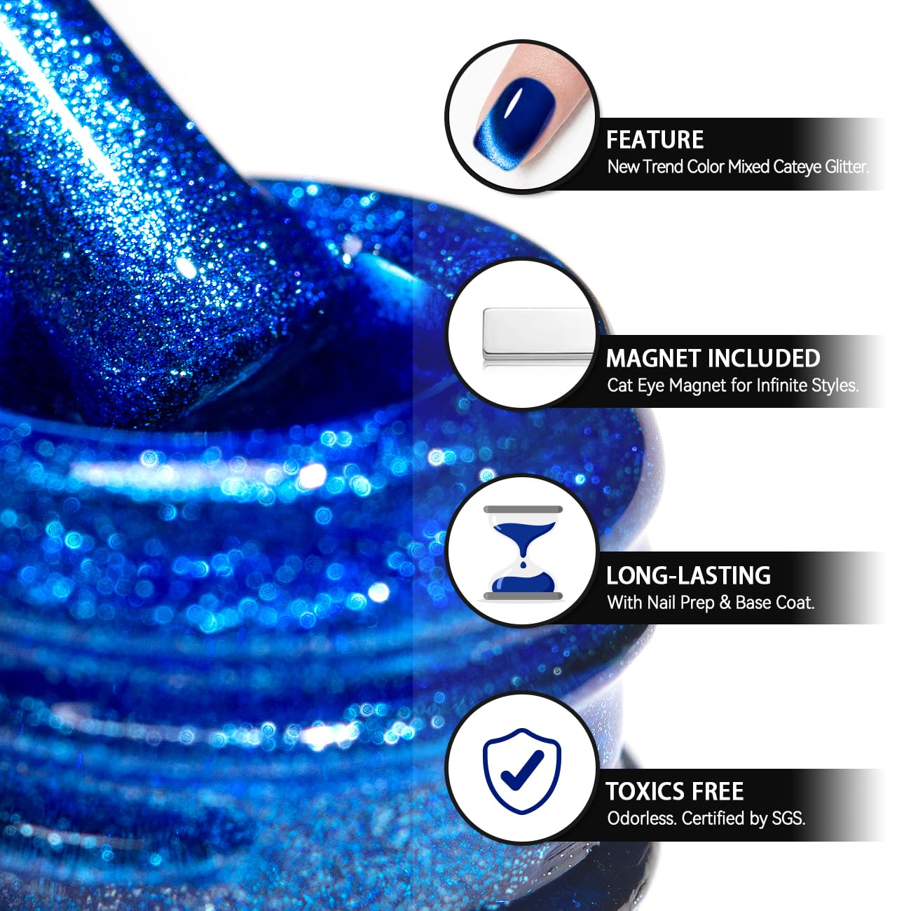 RARJSM Magnetic Cat Eye Gel Nail Polish Blue Silver Glitter 15ml 9D Cateye Galaxy Universal Shimmer Velvet Ice Gel Polish Single Bottle with Magnet Stick UV LED Curing Require Soak Off Home Salon