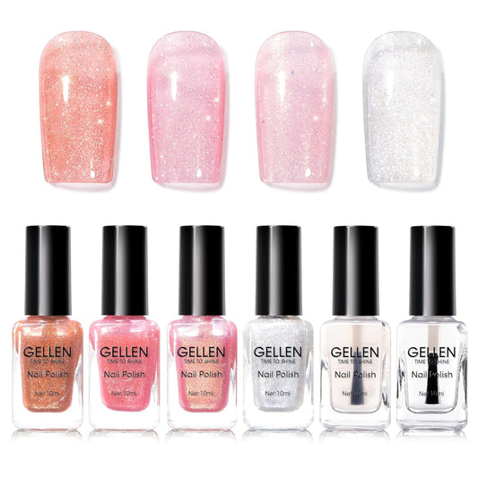GELLEN Sheer Shimmer Pink Nail Polish & Clear Base Top Coat Nail Polish, Light Pink Shimmer Nail Polishes Summer Spring Translucent 6pcs Set, Quick Dry Regular Nail Polishes Non UV Gel, Hema Free