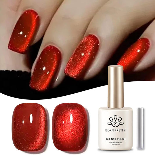 Born Pretty Cat Magnetic Eye Gel Nail Polish Ruby Red Holographic Glitter Shiny Sparkle Crystal Gel Nail Polish Magnetic Nail Polish Salon DIY at Home 15mL | alldaygood beauty