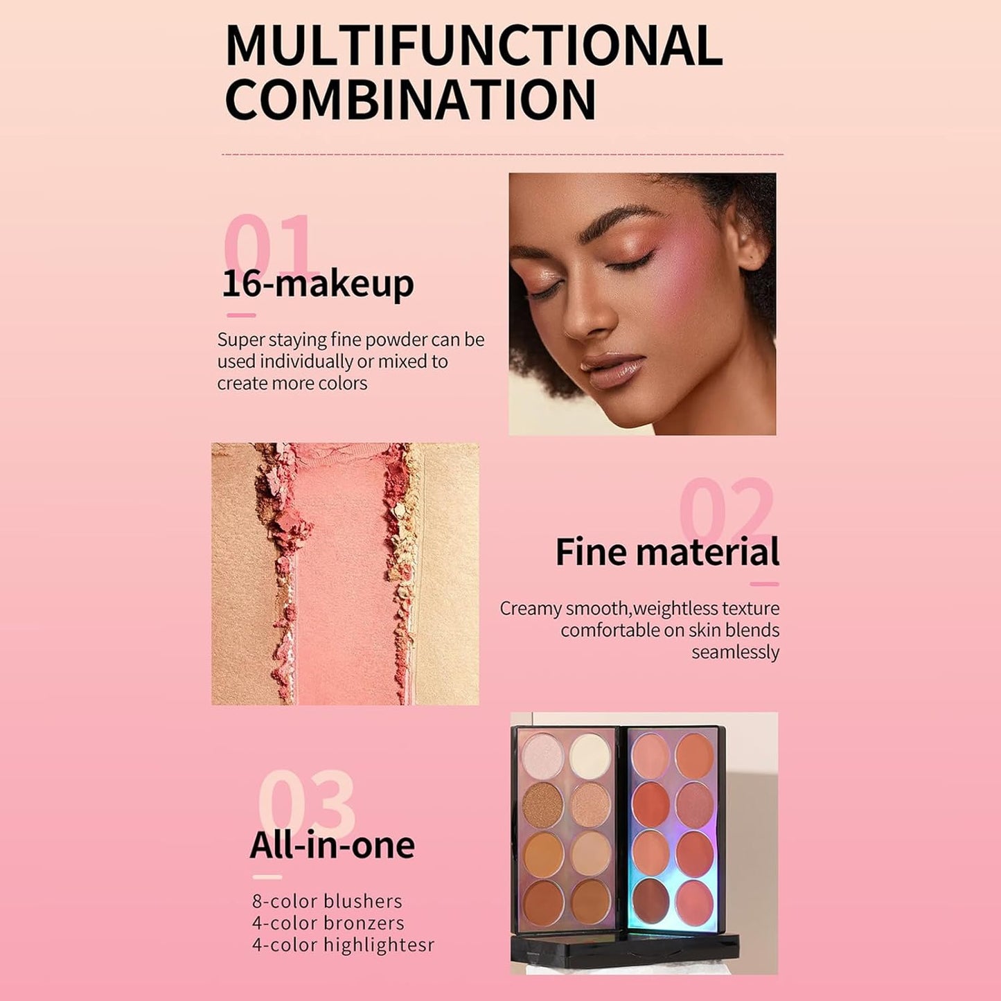 Blusher Contour Highlighter Makeup Palette, 16 Color All-in-One Matte- Bronzer Facial lluminator Palette with Makeup Brush, Long Lasting and Soft Powder, Pro Makeup Powder Kit