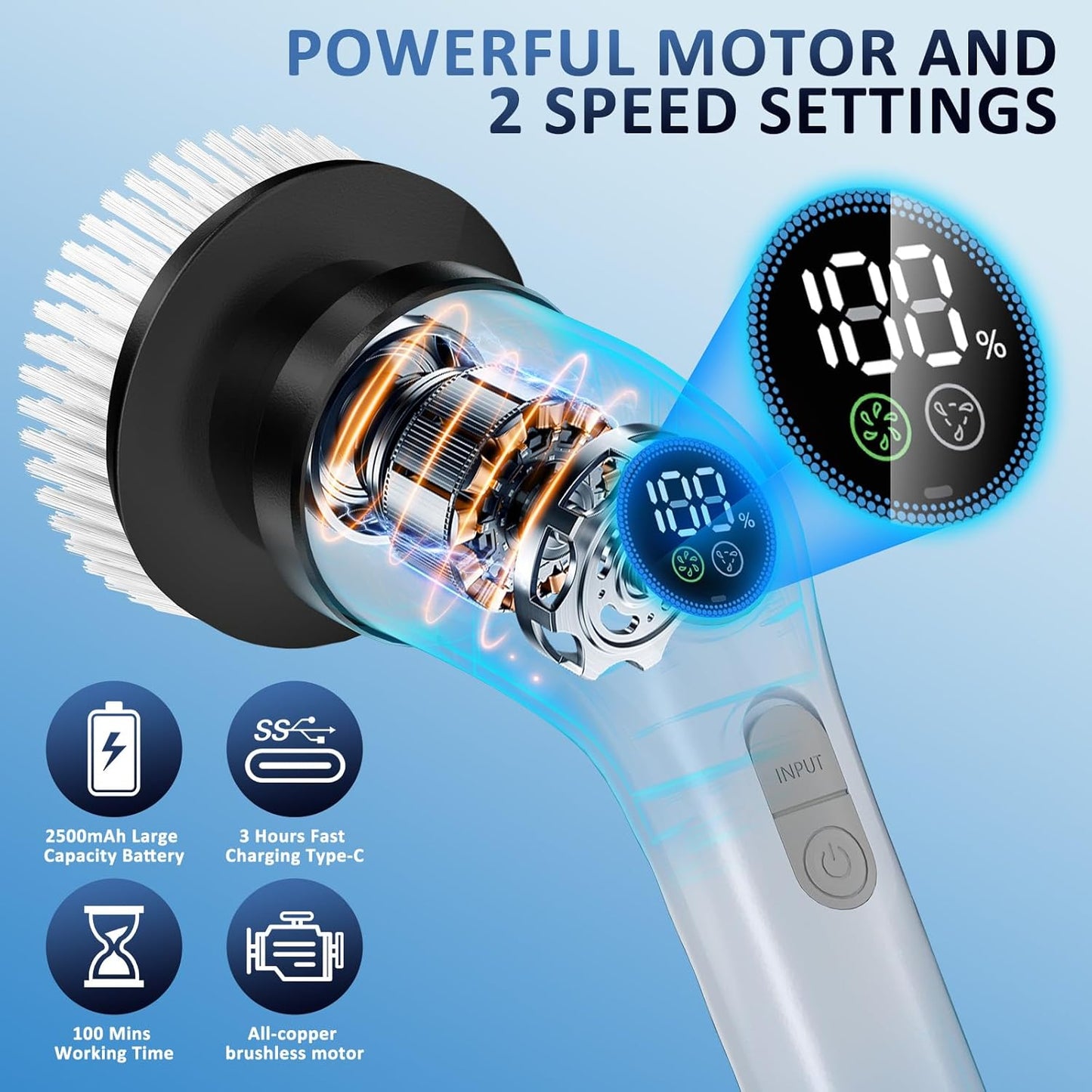 Electric Spin Scrubber Upgraded Battery with Extra-Long Runtime, IPX7 Waterproof Power Cleaner with 7 Brush Heads, 2 Speeds Adjustable Long Handle for Bathroom, Floor, Shower, Tile & Kitchen Cleaning