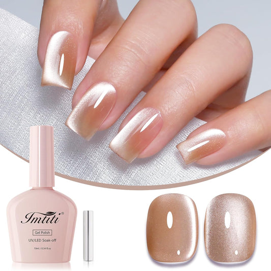 Imtiti Nude Cat Eye Gel Nail Polish, Moonlight Nude Holographic Cat Eyes Glitter Magnetic UV Soak Off Gel Polish with Magnetic Stick 1Pcs (0.34 Fl Oz-947) | alldaygood beauty