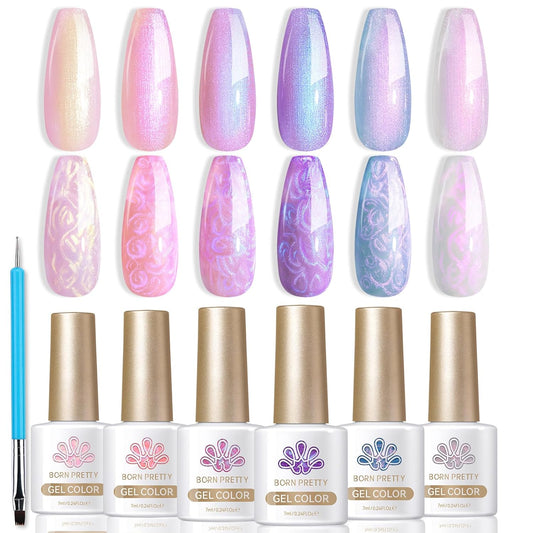 Born Pretty Pearl Gel Nail Polish, 6 Colors Pearl Pink White Purple Shimmer Mermaid Gel Polish Nail Drawing Glitter Polish Soak Off Led Swirl Shell Thread Effect DIY Manicure Gift for Women | alldaygood beauty