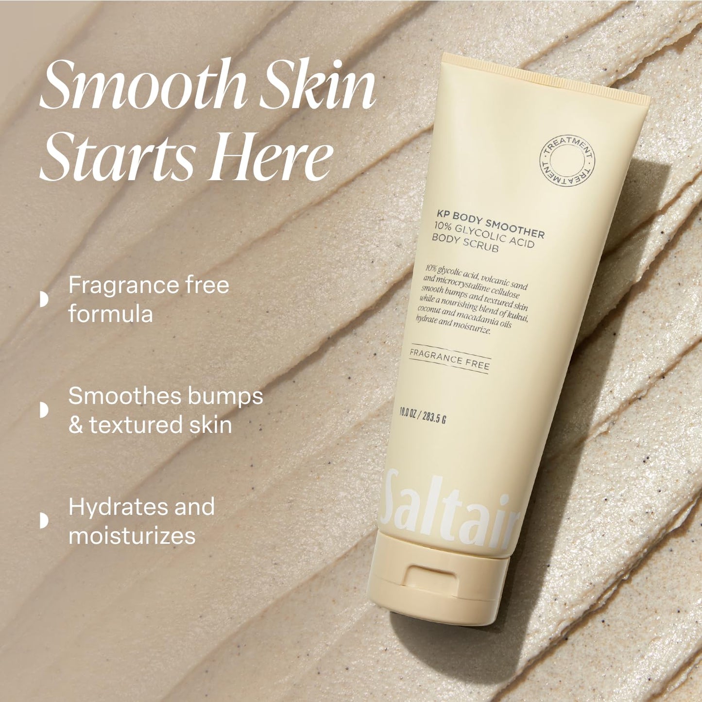 Saltair KP Body Scrub. 10% Glycolic Acid Treatment with Volcanic Sand and Plant Moisturizers. Fragrance-Free Physical Chemical Exfoliator. Exfoliating Body Scrubber for Rough Bumpy Skin, 10oz.