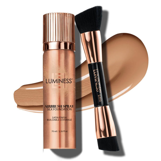 LUMINESS Silk Airbrush Spray Foundation & Buffing Brush Kit – Full Coverage Foundation & Dual-Sided Buffing Brush - Buildable Coverage, Anti-Aging Formula Hydrates & Moisturizes (Shade - Warm) | alldaygood beauty