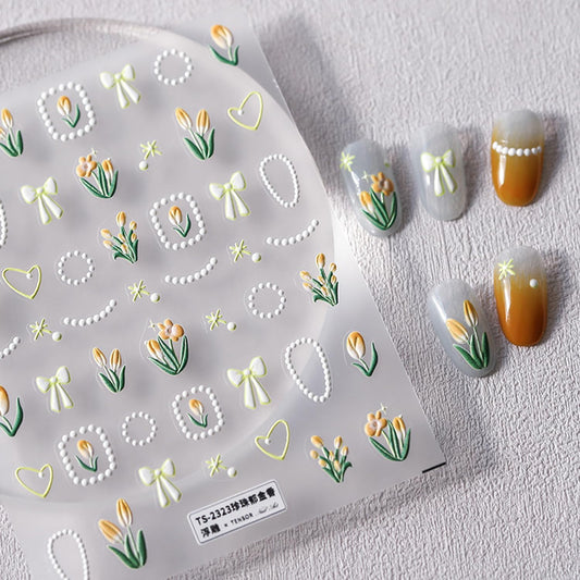 Flower Nail Stickers 5D Embossed Nail Art Stickers Decals Self-Adhesive Tulips Floral Bows Spring Summer Nail Art Design Decoration Accessories(1, Tupis) | alldaygood beauty