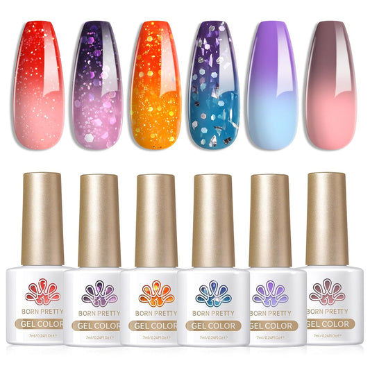 Born Pretty Color Changing Gel Nail Polish, 6 Colors Glitter Temperature Change Gel Polish Blue Pink Neon Long Lasting Nail Polish U V Set for Manicure and Nail Art, DIY at Home, Salon-Quality 7ml | alldaygood beauty