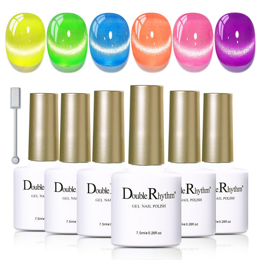 Double Rhythm 6 Colors Cat Eye Gel Polish Set Shimmer Glitter with Magnet Holographic Reflective Magnetic UV Nail Art Kit (6-Kit-53) | alldaygood beauty