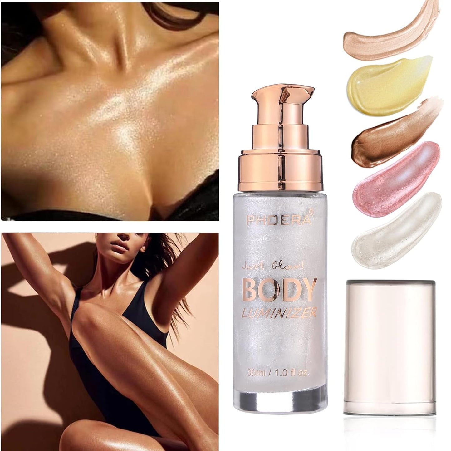 Body Shimmer Oil, Waterproof Long Lasting Moisturizing Bronze Body Luminizer Glow For Face & Body, Liquid Illuminator Body Highlighter 1oz/Jars, Makeup Brush Include (Diamond Platinum #05)