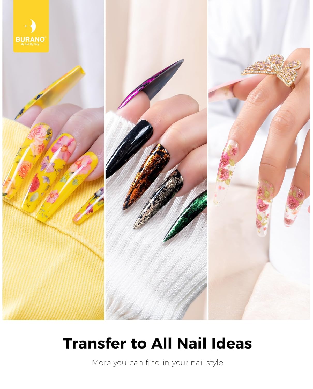 BURANO Nail Art Nail Foil Glue Gel, o.5 oz with 10PCS Foil Stickers Set Nail Foil Glue for Nails Foil Transfer Gel, Nail Design DIY UV LED Lamp Required(Flower Foil 09)