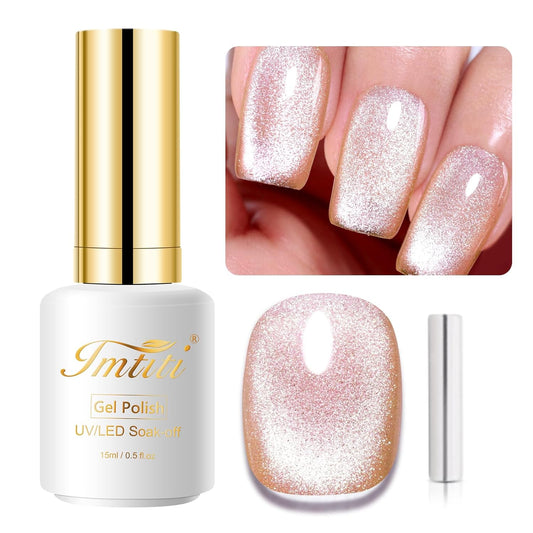 Imtiti Champagne Gold Gel Nail Polish,0.5fl oz Holographic 9D Cat eyes Glitter Magnetic Gel Polish UV Gel Nail Polish with Magnetic Stick for Nail Salon | alldaygood beauty
