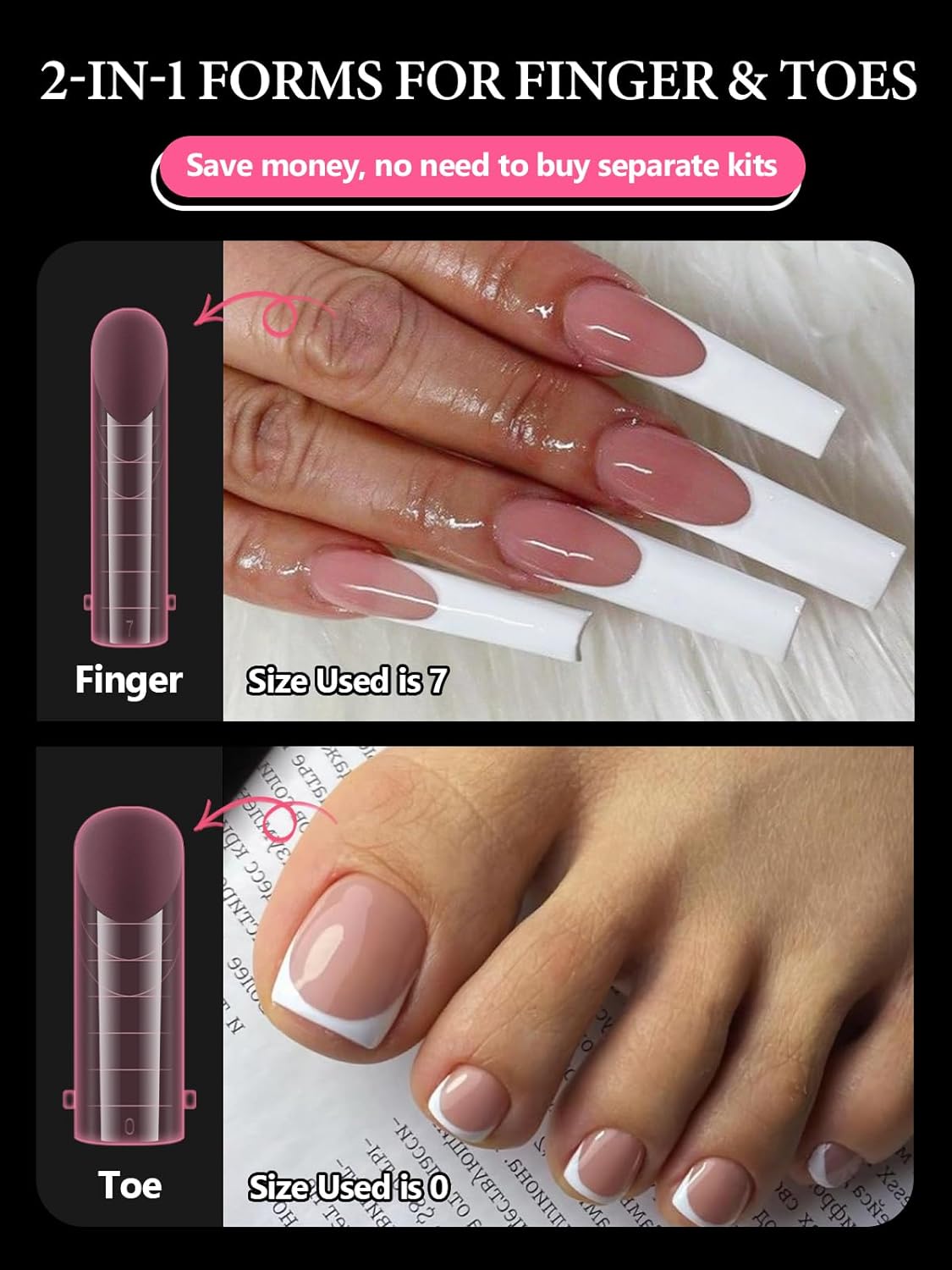 Poly Gel Dual Nail Forms for Finger and Toes, EBANKU Long Square Pink Flat Nail Molds Extension Tips Reusable for Women, 120Pcs 12 Sizes