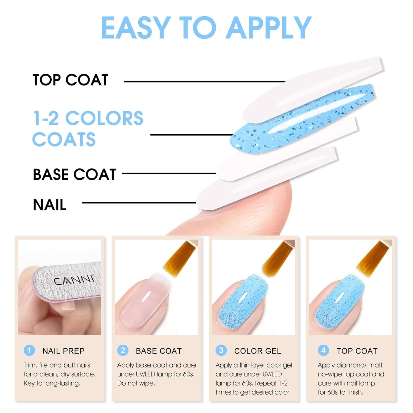 CANNI 1 Pcs Glitter Blue Gel Nail Polish, Shimmer Sparkly Blue Colors Gel Polish Soak Off Led Nail Art Gel Manicure Salon DIY