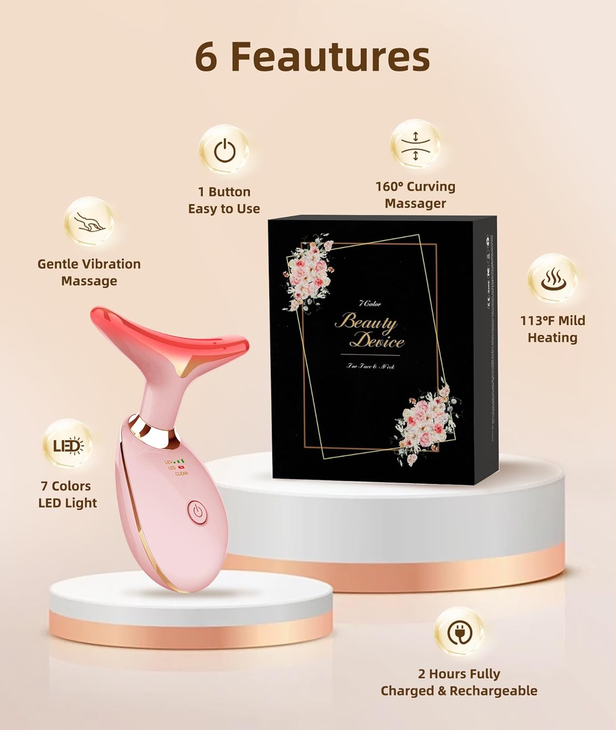 7 Color Face and Neck Massager Light Therapy, Red Light Based Facial Massager for Skin Care, Firming, Smoothing (Rose Golden)