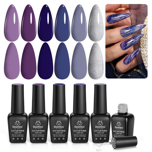 Beetles Purple Gel Polish Set, 6Pcs Purple Blue Gel Polish Silver Glitter Nail Gel Fall Winter Lost Universe Soak Off UV LED Nail Lamp Manicure DIY Home Gift for Women | alldaygood beauty