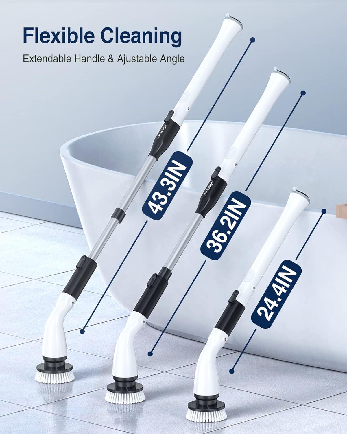 LABIGO Electric Spin Scrubber LA1 Pro, Cordless Spin Scrubber with 4 Replaceable Brush Heads and Adjustable Size Extension Handle Power Full Cleaning Brush for Bathroom Floor (Deep Black)