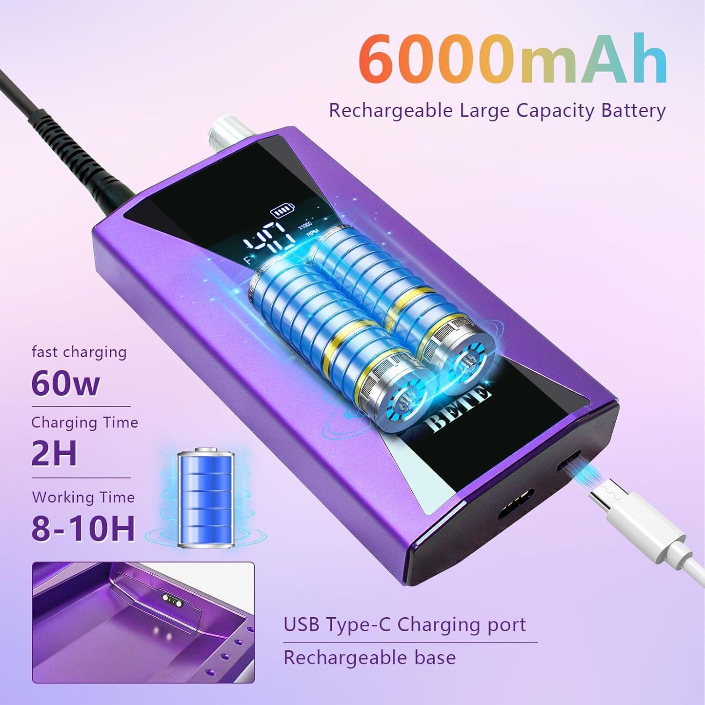 BETE Professional Nail Drill Machine, 0-40000RPM Brushless Durable Electric Nail File for Acrylic Gel Nails, Rechargeable Nail Drill with Charging Base with 6pcs Drill Bits for Salon Home, Purple