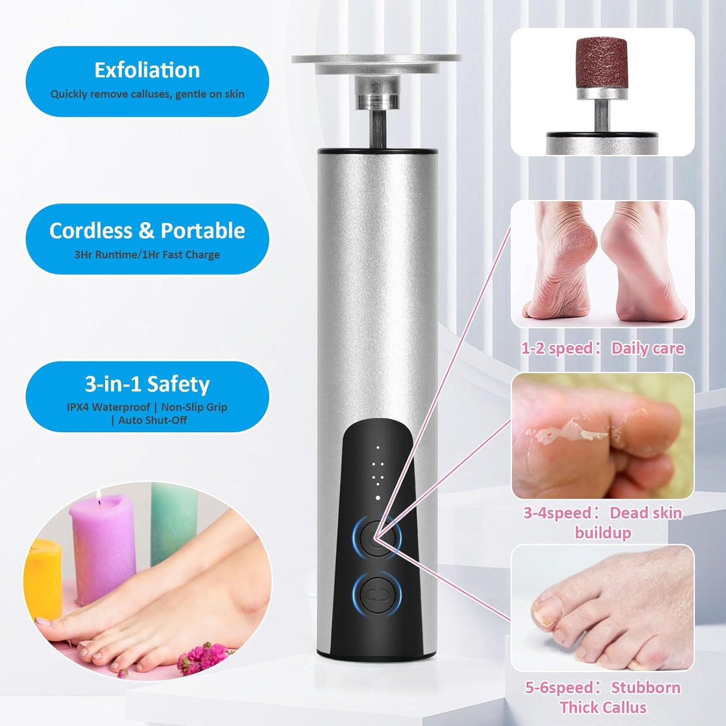 Upgraded Wireless Electric Callus Remover for Feet, 6-Speed 2-in-1 Rechargeable Foot File Callus Remover with USB Charging & 3 Types of Sandpaper, Dead Skin Remover for Dry Cracked Heels (Silver)