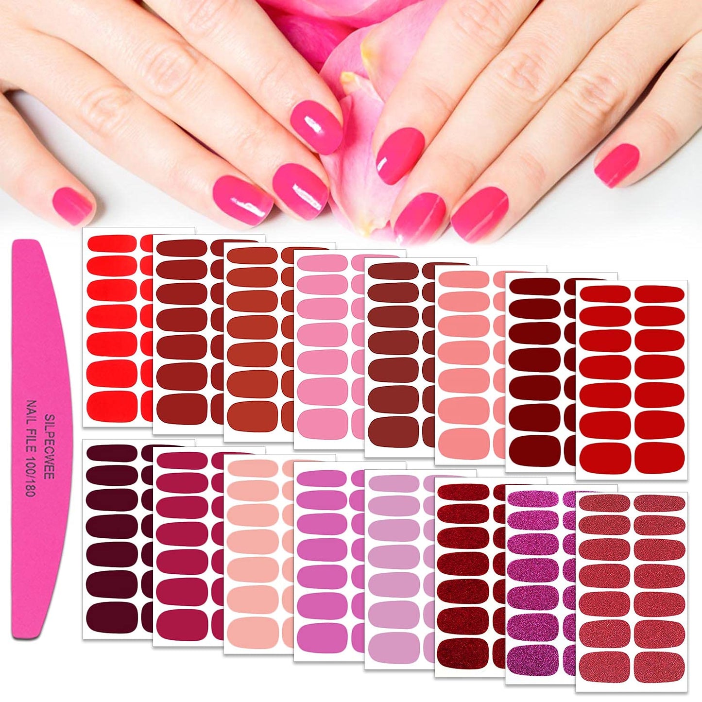 SILPECWEE 224 Pieces 16 Sheets Nail Polish Strips Solid Color Adhesive Nail Polish Stickers Nail Wraps for Women Nail Art Decals with Nail File (Vitality Red)