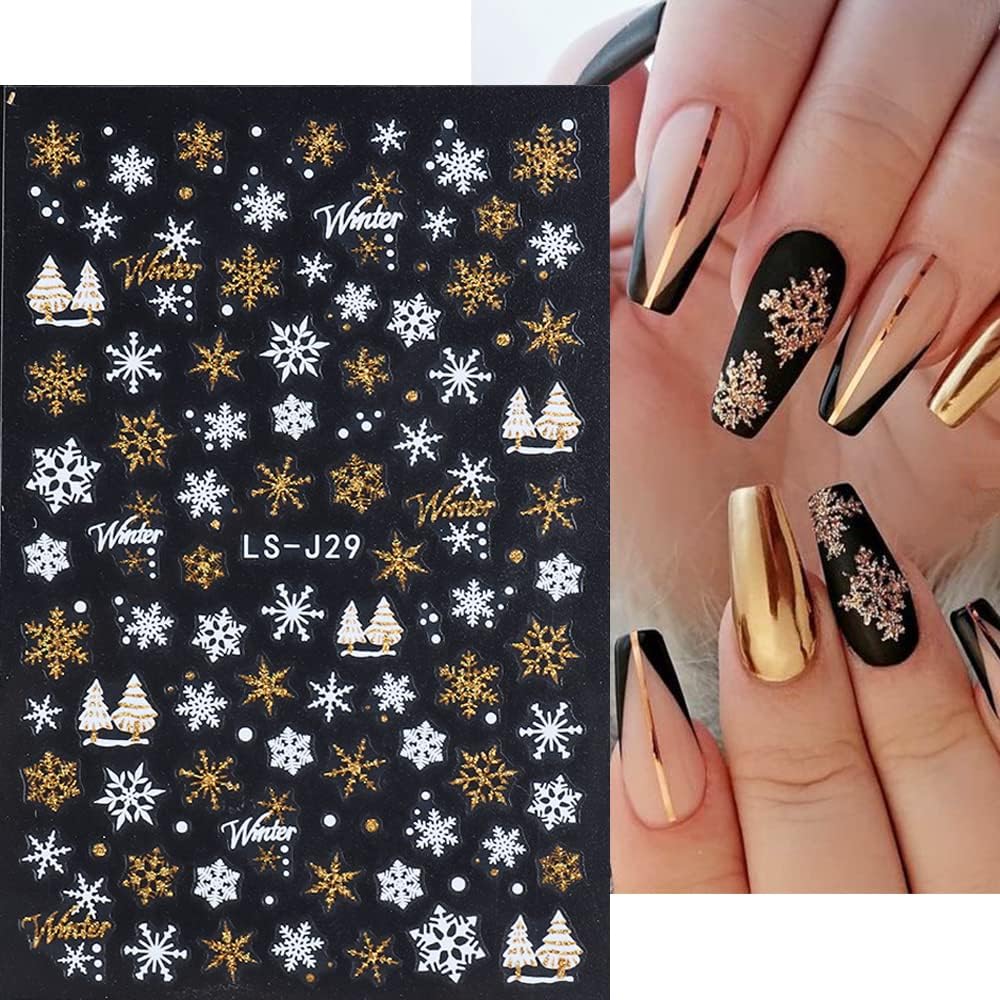 8 Sheets Christmas Glitter Nail Art Stickers Decals Self-Adhesive Pegatinas Uñas Holiday Gold Silver Reindeer Line Snowflake Nail Supplies Nail Art Design Decoration Accessories
