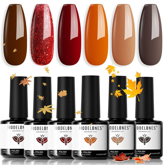 modelones Fall Gel Nail Polish Set, 6 Colors 2025 Nude Brown Burnt Orange Glitter Gel Polish Dark Red Wine Burgundy Maroon Nail Polish Soak Off Halloween Nail Art Manicure Kit DIY Salon Gift | alldaygood beauty