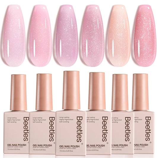 Beetles Pink Glitter Gel Polish Set - 6 Colors Jelly Gel Polish Kit Shimmer Pink Sheer Translucent Effect Soak off UV Nail Concealer Summer French Nail Art Salon Manicure Gift for Women | alldaygood beauty