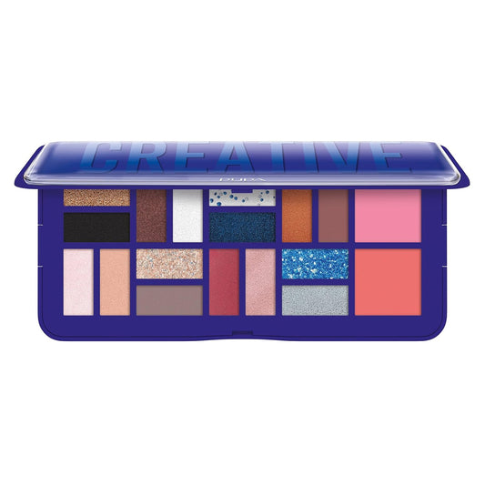 Pupa Milano Make-Up Palette L, 005 Blue, 0.71 oz - 18 Pan Eyeshadow and Blush Palette, Matte, Shimmer, Metallic Finishes - Blendable Velvety Texture Blush Powder - Talc-Free - Eco-Friendly Packaging | alldaygood beauty