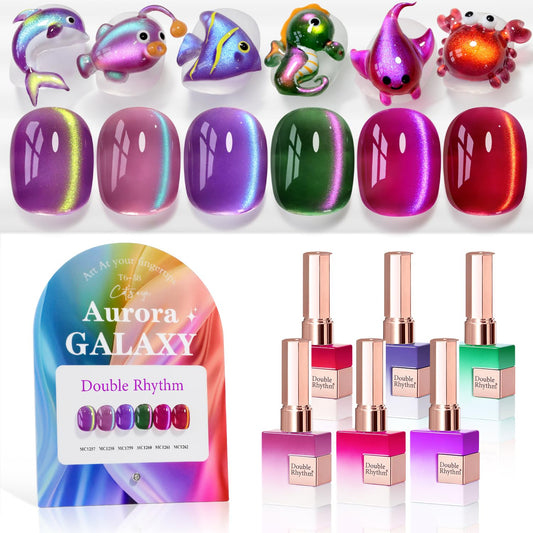 Double Rhythm Cat Eye Gel Nail Polish Set of 6 Same Color Same Bottle 0.5 Oz Shimmer Glitter with Magnet Holographic Reflective Magnetic UV Nail Polish Kit at Home (Aurora Galaxy Burgundy-T6-58) | alldaygood beauty