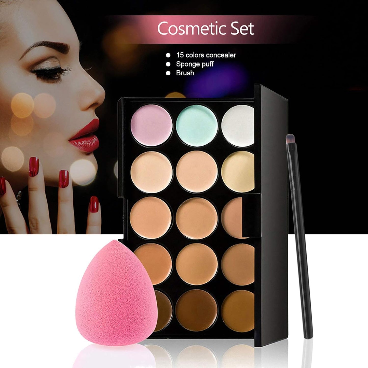 Concealer Palette, 15 Colors Makeup Palette Facial Camouflage Contour Palette with Sponge Puff Oval & Makeup Brush Beauty Make up Cream