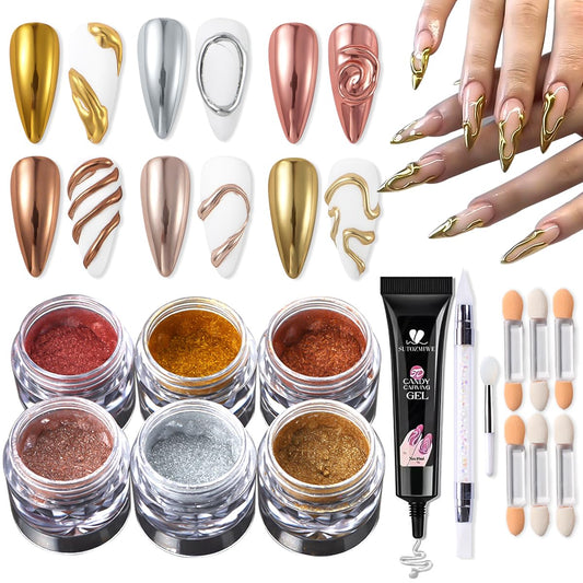 Chrome Nail Powder Metallic Gold And Silver, Magic Mirror Effect Pigment Glitter Rubbing Dust, 3D Carving Nail Molding Gel & Holographic Dip Nail Powder Kit for Nail Decor Home Manicure DIY | alldaygood beauty