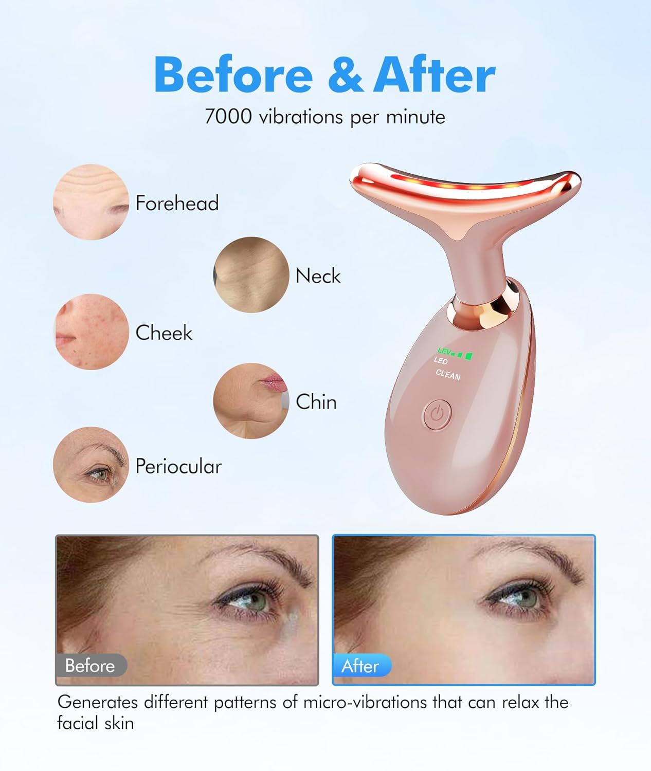 Red Light Therapy for Face and Neck, 7 Color Face Massager Tool for Wrinkles, Double Chin, Vibrating Facial Massager with Thermals for Skin Care, Rose Gold