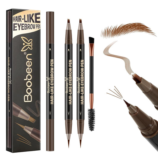 Boobeen 2pcs Waterproof Eyebrow Pen，Dual-Ended Eyeliner Microblading Eyebrow Pencil for Women，Long Lasting Hair-Like Brow Pen with Brow Brush，Dark Brown
