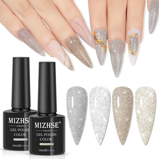 MIZHSE Reflective Gel Nail Polish, Glitter Silver and Gold Gel Polish 2 Colors, Sparkle Shiny Diamond Nail Gel Manicure Set Nail Art at Home Salon 10ML | alldaygood beauty