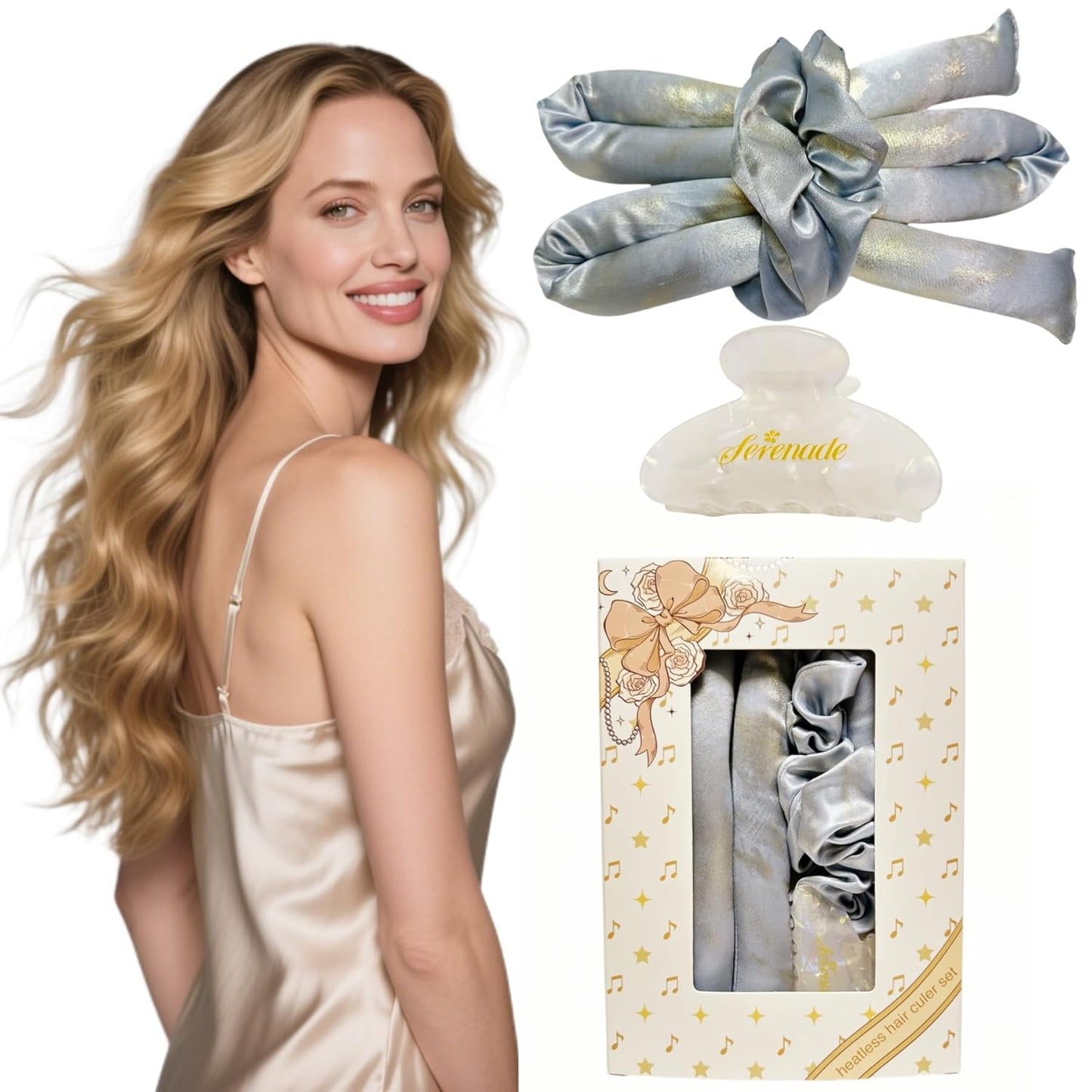 Serenade Sparkling Satin Heatless Curls Overnight, Heatless Hair Clurer Curling Rod Headband, No Heat Curling Rod Hair Roller for Women and Girls to sleep in, Blue