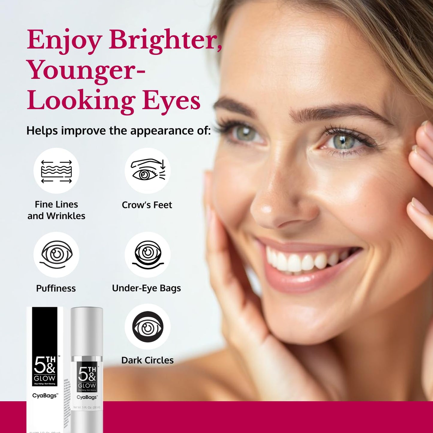 5th & Glow Cyabags - Instant Under Eye Bag Remover Serum For Dark Circles & Puffy Eyes Reduction - Hyaluronic Acid & Vitamin C Cream for Fine Lines, Wrinkles & Crowsfeet, 1 oz