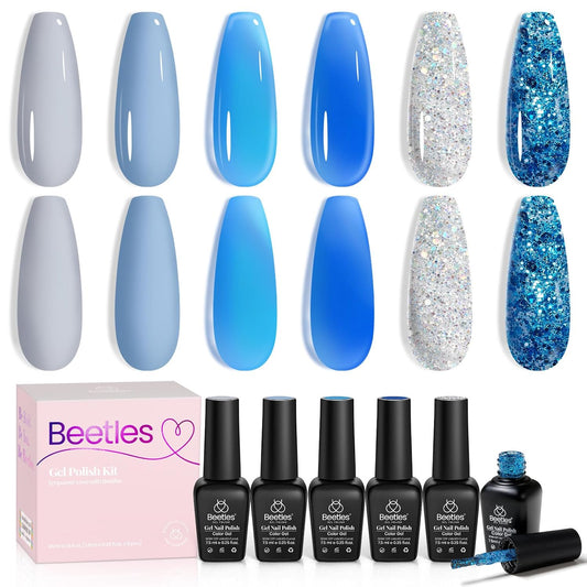 Beetles Blue Gel Polish, 6 Colors Jelly Blue Gel Polish Sliver Glitter Nude Gray Translucent Nail Polish Chasing Breeze Jelly Gel Nail Art Design Soak off Nails Manicure for Girls Women | alldaygood beauty