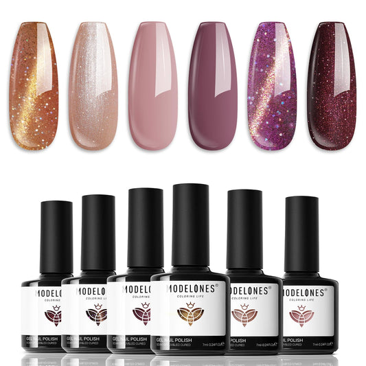 modelones Gel Nail Polish Set, 6 Colors Nude Brown Gel Polish Glitter Burgundy Shiny Champagne Gold Magnetic Cat Eye Effect Sparkle Stunning Home Nail Art Kit Gift for Girl Women | alldaygood beauty