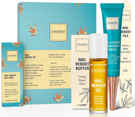 Onsen Secret Complete Nail Reboot Kit w/Nail Reboot Oil 10ml, Nail File 120/180 Grit Double Sided, A 3-Way Nail Buffer Block & Cuticle Serum-15ml w/Cuticle Oil in Action-Super Value Pack | alldaygood beauty