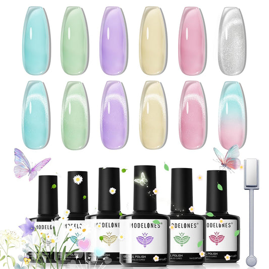 modelones Gel Nail Polish Set, 6 Colors Silver Cat Eye Gel Polish Translucent Pastel Sheer Pink Yellow Lavender Purple Baby Blue Mint Green Jelly Nail Polish with Magnet LED Manicure DIY Gift | alldaygood beauty