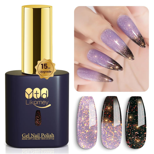 YTD Likomey Brocade Glitter Color Changing Gel Nail Polish,15ml Grayish Purple To Black Shimmer Mood Temperature Change Colors Iridescent Flakes,Fall Winter Ombre Thermal UV Gel,WB348 | alldaygood beauty