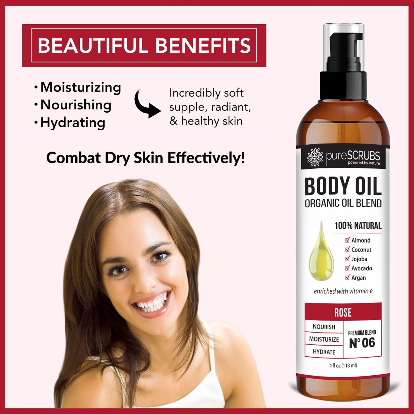 pureSCRUBS Ultra Moisturizing Rose Body Oil Spray for Dry Skin, Massage, Cuticles & More, Organic Super Blend of Jojoba, Argan, Coconut, Sweet Almond & Avocado Oils Enriched with Vitamin E, Lg 4oz